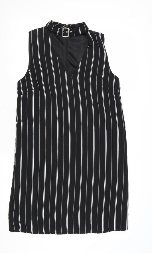 New Look Womens Black Striped Polyester A-Line Size 10 Halter Zip