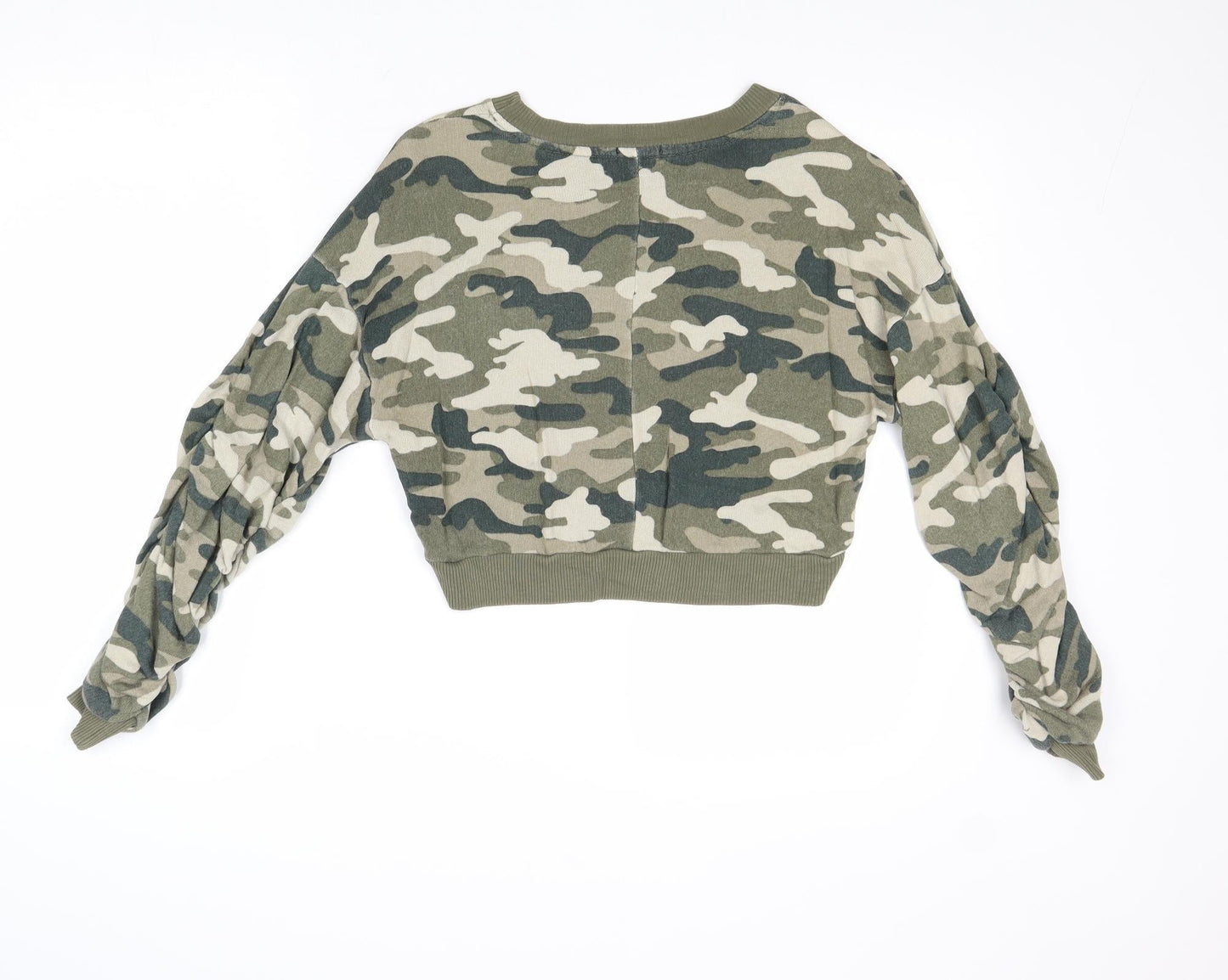 Bershka Womens Green Camouflage Polyester Pullover Sweatshirt Size S Pullover - Gathered Sleeves