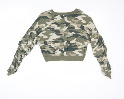 Bershka Womens Green Camouflage Polyester Pullover Sweatshirt Size S Pullover - Gathered Sleeves