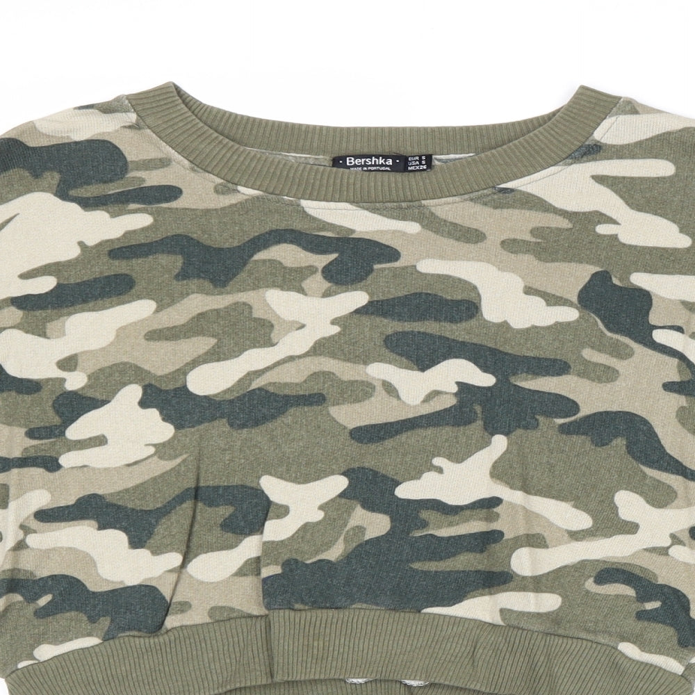 Bershka Womens Green Camouflage Polyester Pullover Sweatshirt Size S Pullover - Gathered Sleeves
