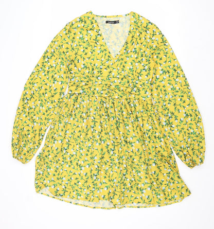 Boohoo Womens Yellow Floral Polyester Fit & Flare Size 10 V-Neck Zip