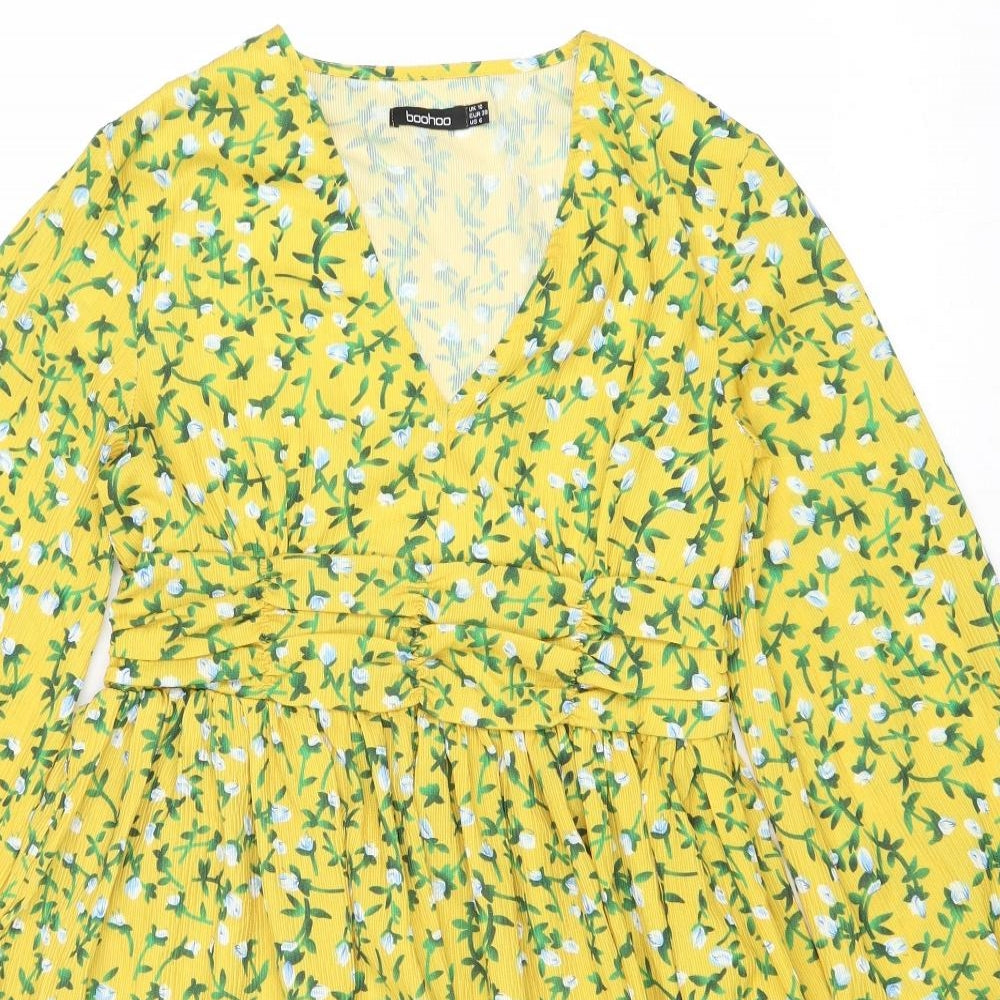 Boohoo Womens Yellow Floral Polyester Fit & Flare Size 10 V-Neck Zip