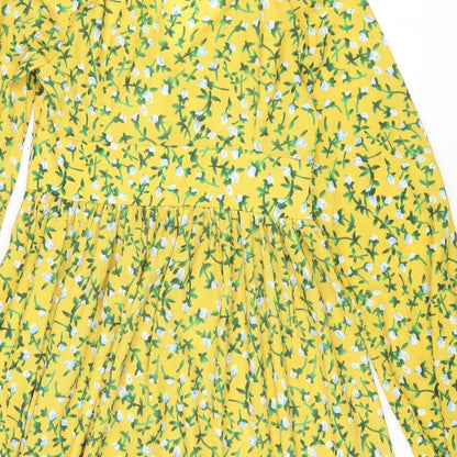 Boohoo Womens Yellow Floral Polyester Fit & Flare Size 10 V-Neck Zip