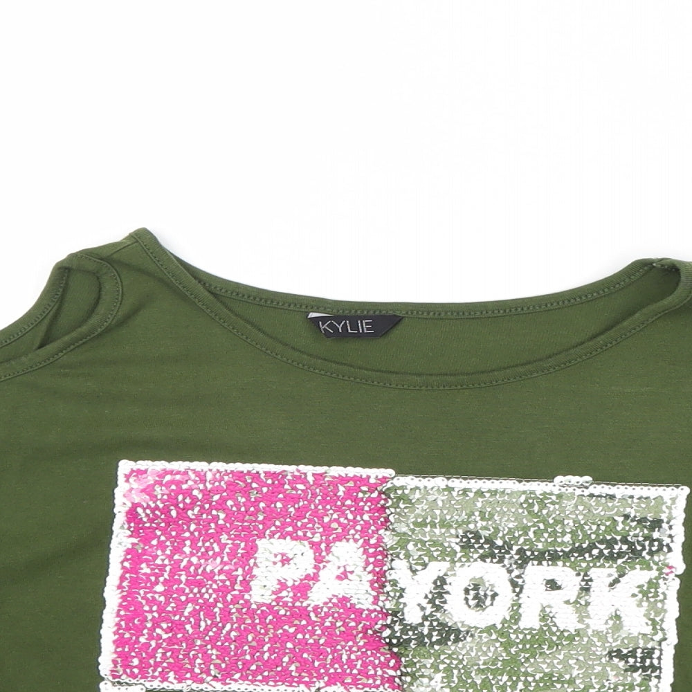 M&Co Girls Green Cotton Basic T-Shirt Size 11-12 Years Round Neck Pullover - Paris, New York, Cold Shoulder