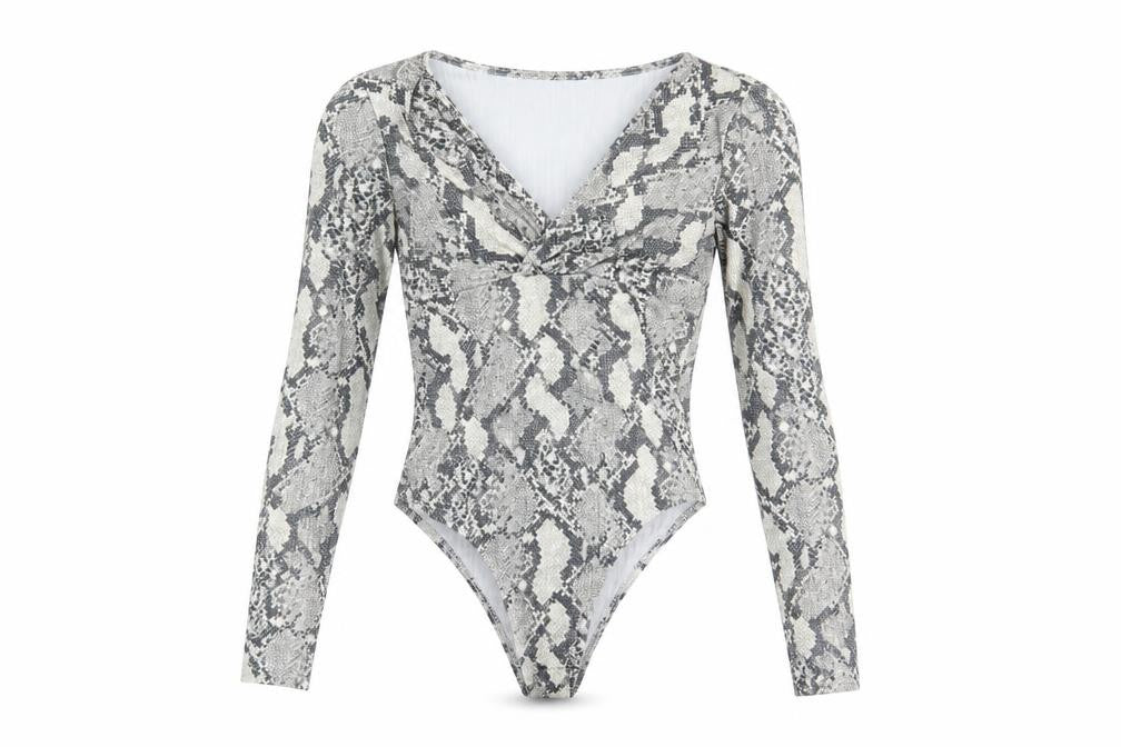 H&M Womens Grey Animal Print Polyester Bodysuit One-Piece Size S Snap - Snake Print