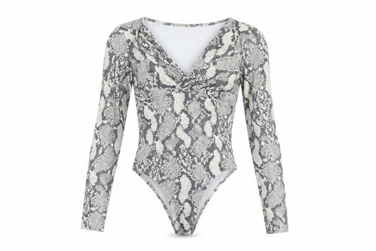 H&M Womens Grey Animal Print Polyester Bodysuit One-Piece Size S Snap - Snake Print
