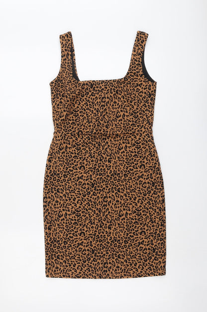 H&M Womens Brown Animal Print Polyester A-Line Size S Square Neck Pullover - Leopard Pattern