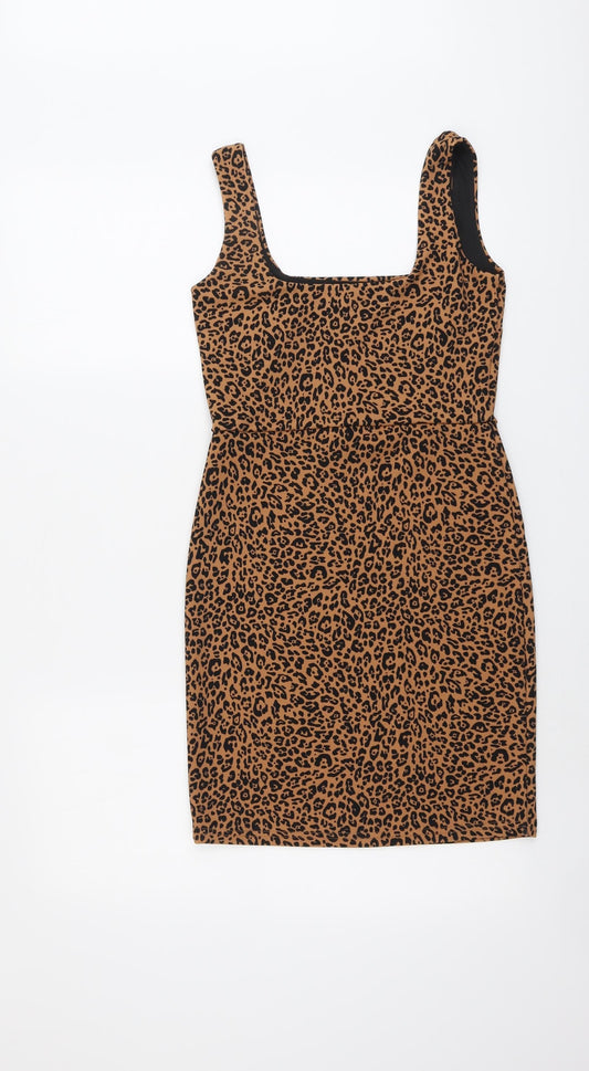 H&M Womens Brown Animal Print Polyester A-Line Size S Square Neck Pullover - Leopard Pattern