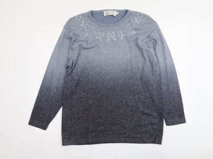 Fay Louise Womens Blue Round Neck Floral Acrylic Pullover Jumper One Size
