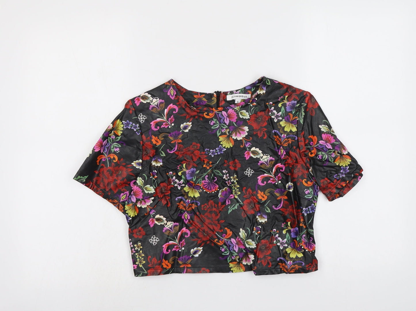 Glamorous Womens Black Geometric Polyester Basic T-Shirt Size S Round Neck