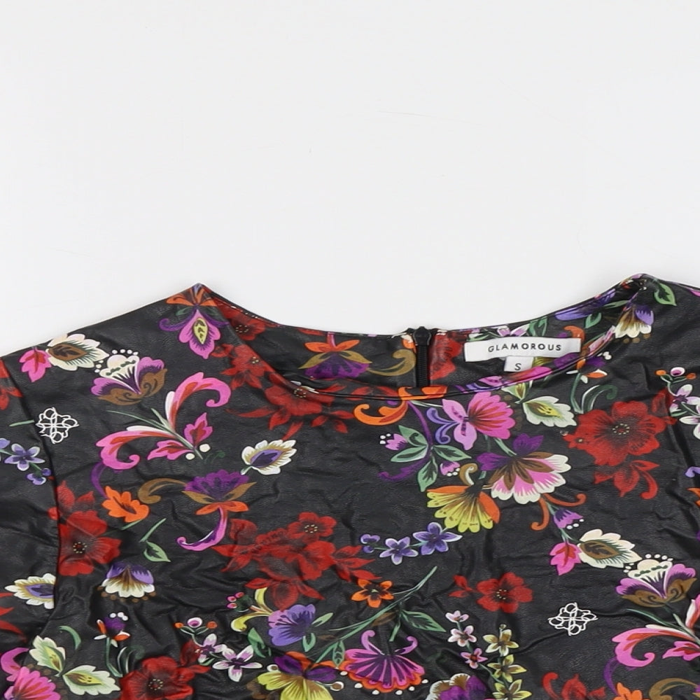 Glamorous Womens Black Geometric Polyester Basic T-Shirt Size S Round Neck