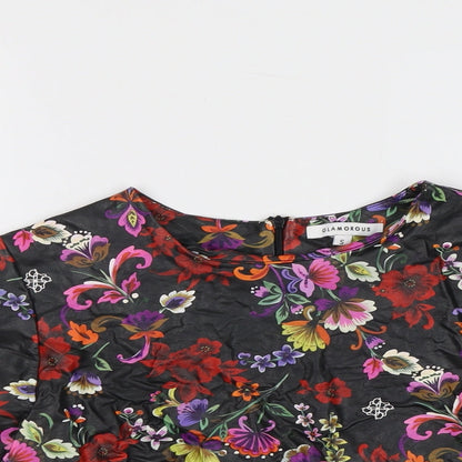 Glamorous Womens Black Geometric Polyester Basic T-Shirt Size S Round Neck