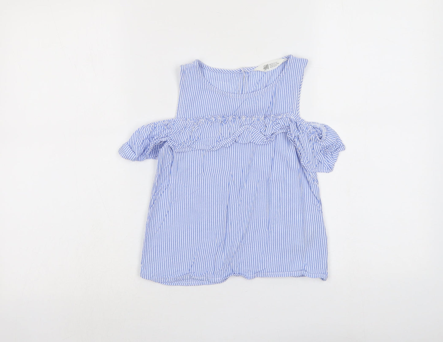 H&M Girls Blue Striped Viscose Basic Tank Size 9-10 Years Round Neck Button