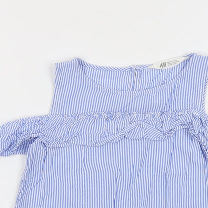 H&M Girls Blue Striped Viscose Basic Tank Size 9-10 Years Round Neck Button