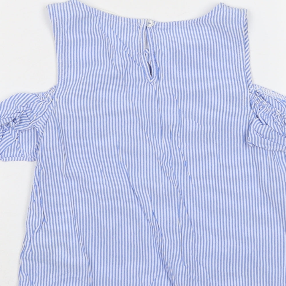 H&M Girls Blue Striped Viscose Basic Tank Size 9-10 Years Round Neck Button