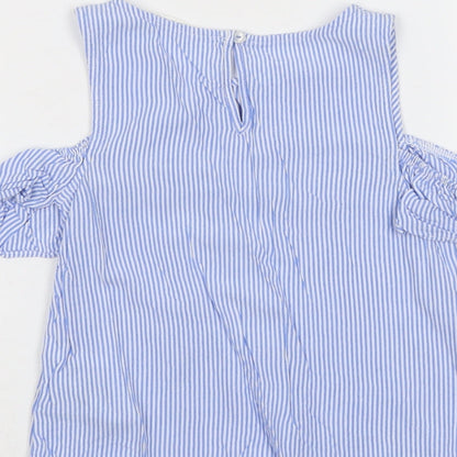 H&M Girls Blue Striped Viscose Basic Tank Size 9-10 Years Round Neck Button