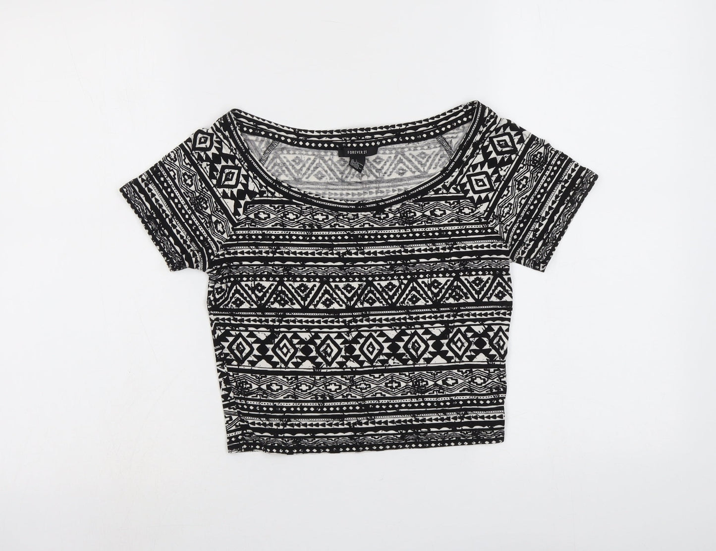 FOREVER 21 Womens Black Geometric Viscose Cropped T-Shirt Size L Round Neck