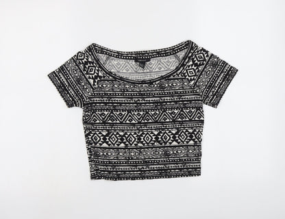 FOREVER 21 Womens Black Geometric Viscose Cropped T-Shirt Size L Round Neck