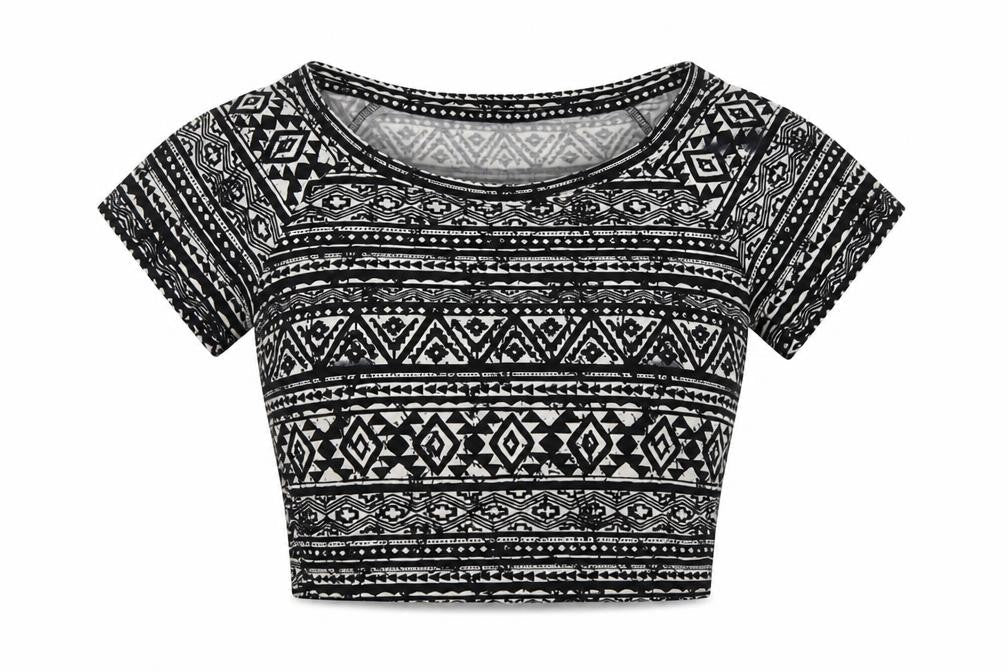 Forever 21 Womens Black Geometric Viscose Cropped T-Shirt Size L Round Neck