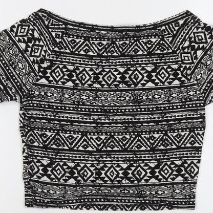 FOREVER 21 Womens Black Geometric Viscose Cropped T-Shirt Size L Round Neck