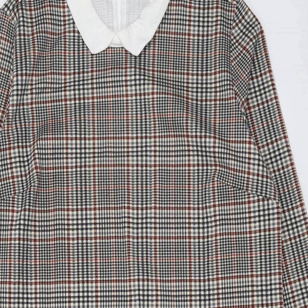 Fransa Womens Black Plaid Polyester A-Line Size L Collared Button