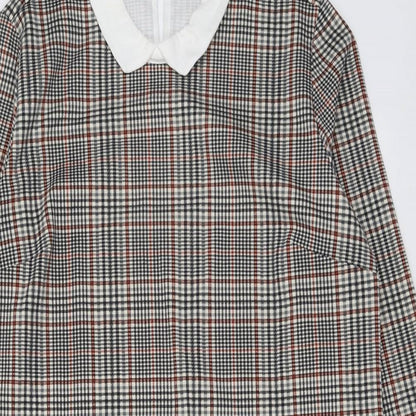 Fransa Womens Black Plaid Polyester A-Line Size L Collared Button