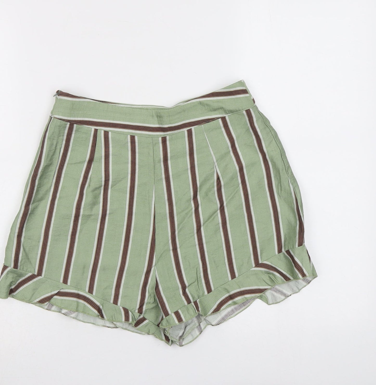 PRETTYLITTLETHING Womens Green Striped Viscose Culotte Shorts Size 8 L3 in Regular Zip