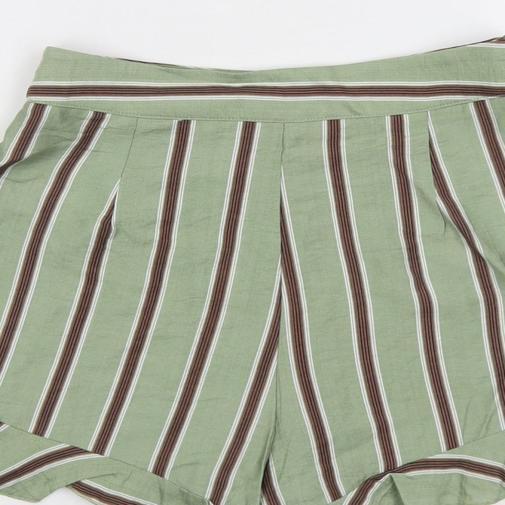 PRETTYLITTLETHING Womens Green Striped Viscose Culotte Shorts Size 8 L3 in Regular Zip