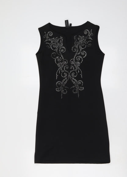 Izabel Womens Black Geometric Polyester A-Line Size 10 V-Neck Pullover