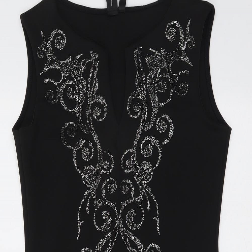 Izabel Womens Black Geometric Polyester A-Line Size 10 V-Neck Pullover