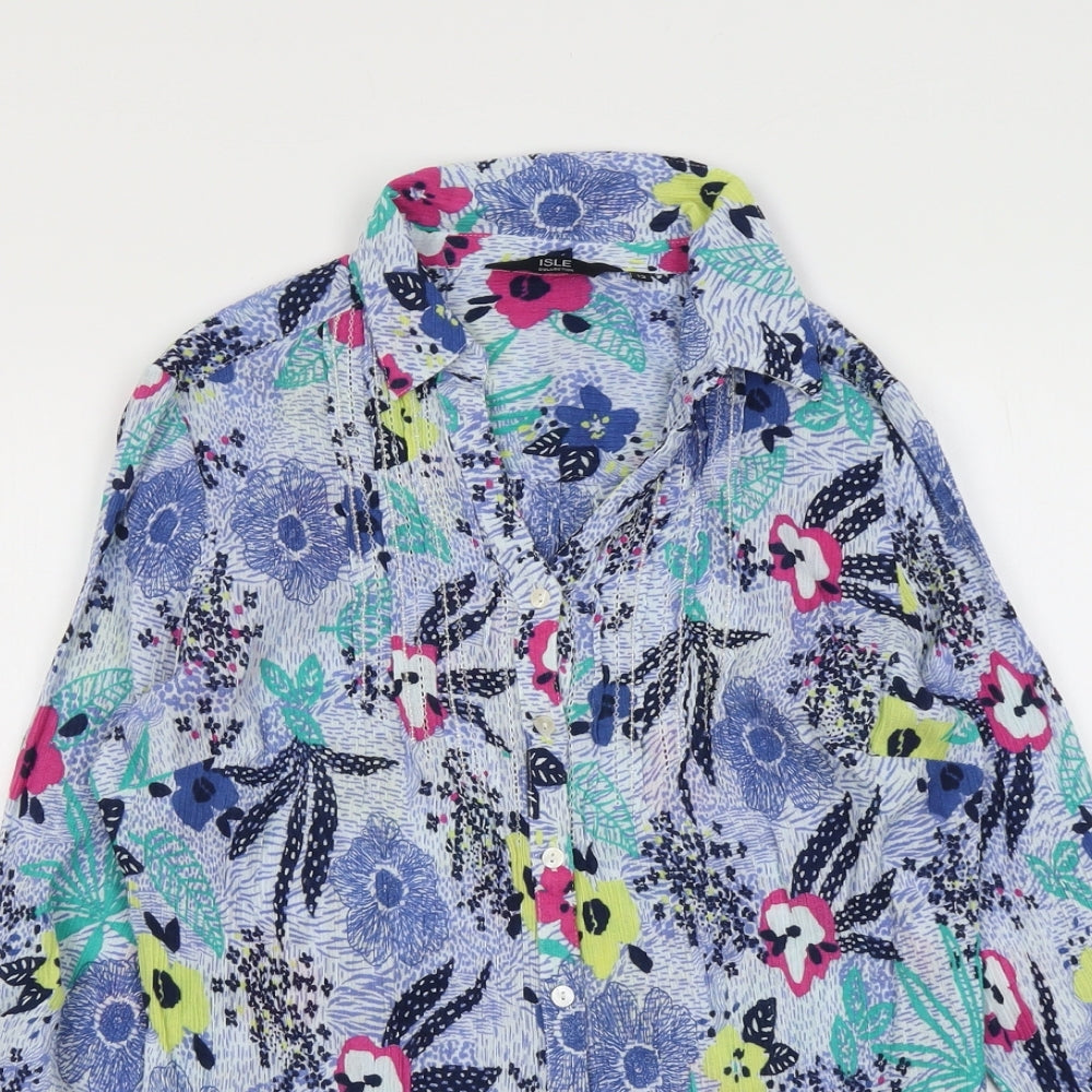 EWM Womens Blue Geometric Polyester Basic Button-Up Size 12 Collared