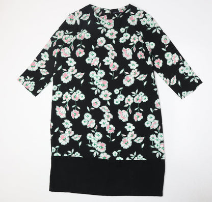 Marks and Spencer Womens Black Floral Polyester A-Line Size 14 Round Neck Button