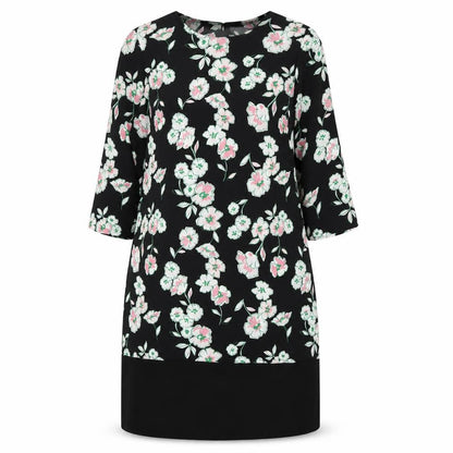 Marks and Spencer Womens Black Floral Polyester A-Line Size 14 Round Neck Button