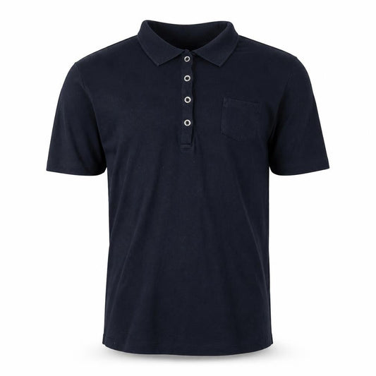 Front view of Canada men’s blue 100% cotton polo, size S, collared button