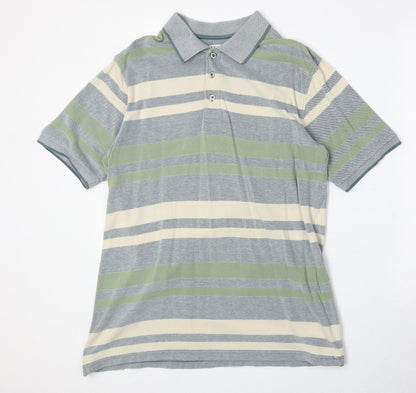EWM Mens Multicoloured Striped 100% Cotton Polo Size MT Collared Button
