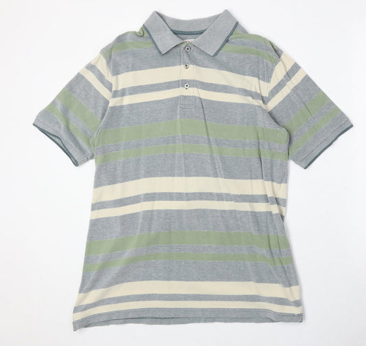 EWM Mens Multicoloured Striped 100% Cotton Polo Size MT Collared Button