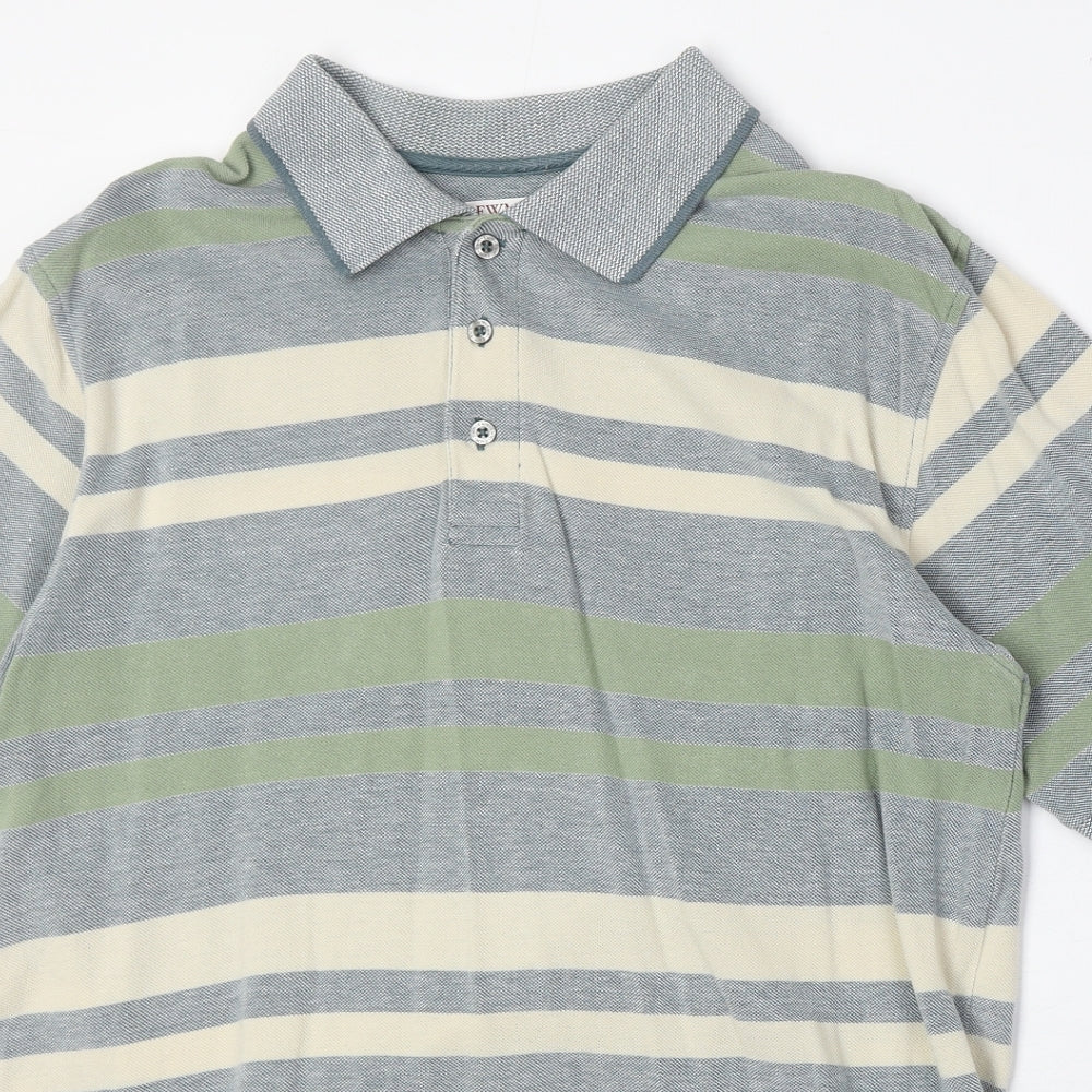 EWM Mens Multicoloured Striped 100% Cotton Polo Size MT Collared Button