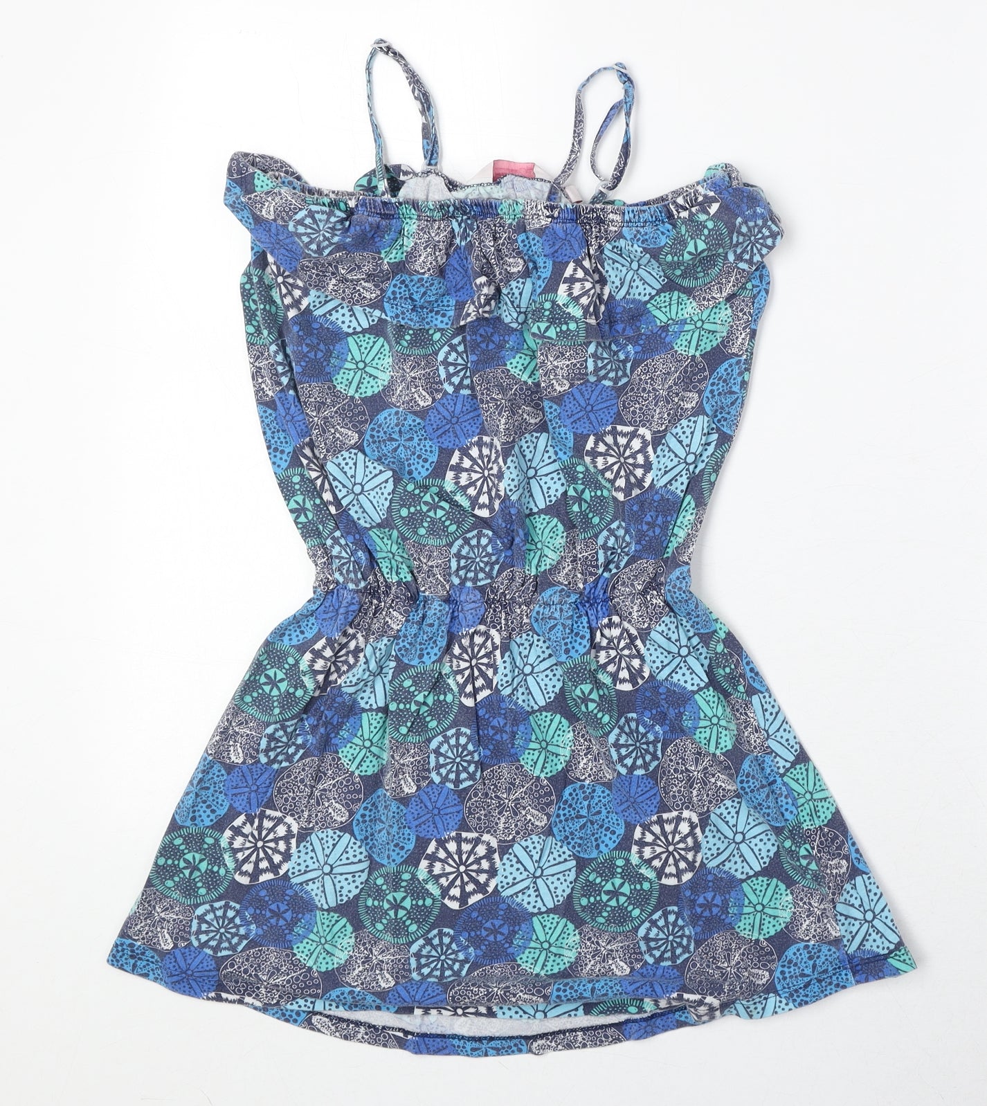 Baard Angels Girls Blue Geometric 100% Cotton Tank Dress Size 11-12 Years Square Neck Pullover