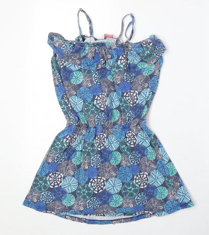 Baard Angels Girls Blue Geometric 100% Cotton Tank Dress Size 11-12 Years Square Neck Pullover