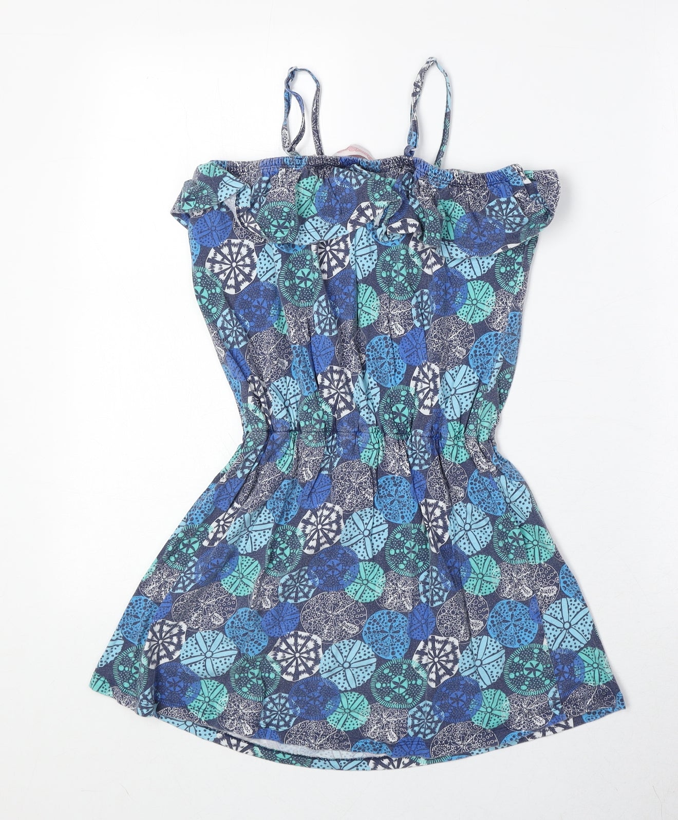 Baard Angels Girls Blue Geometric 100% Cotton Tank Dress Size 11-12 Years Square Neck Pullover
