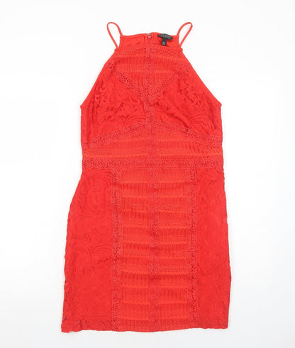 Topshop Womens Red Geometric Polyester Bodycon Size 14 Square Neck Zip