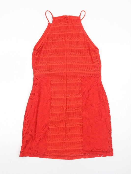 Topshop Womens Red Geometric Polyester Bodycon Size 14 Square Neck Zip