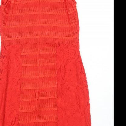Topshop Womens Red Geometric Polyester Bodycon Size 14 Square Neck Zip