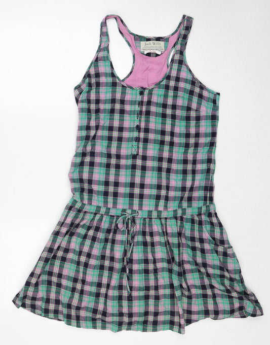Jack Wills Womens Green Plaid Cotton Tank Dress Size 8 Round Neck Pullover