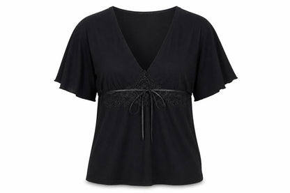 Red Herring Womens Black Viscose Basic Blouse Size 10 V-Neck - Lace Detail