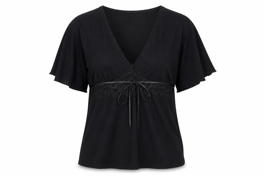 Red Herring Womens Black Viscose Basic Blouse Size 10 V-Neck - Lace Detail