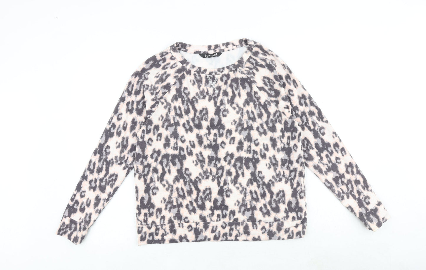 Bonmarché Womens Grey Animal Print Cotton Pullover Sweatshirt Size 12 Pullover - Leopard Pattern