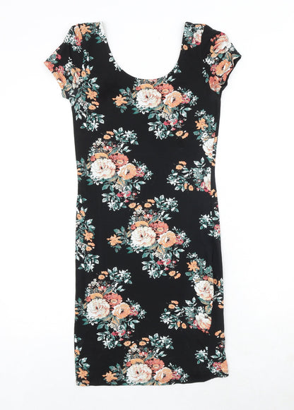 New Look Womens Black Floral Cotton A-Line Size 10 Scoop Neck Pullover