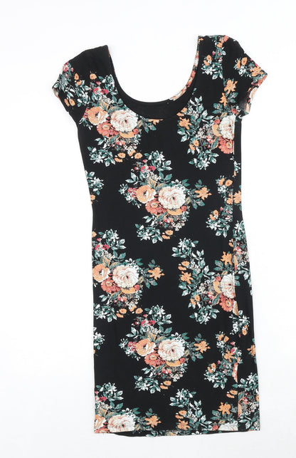 New Look Womens Black Floral Cotton A-Line Size 10 Scoop Neck Pullover