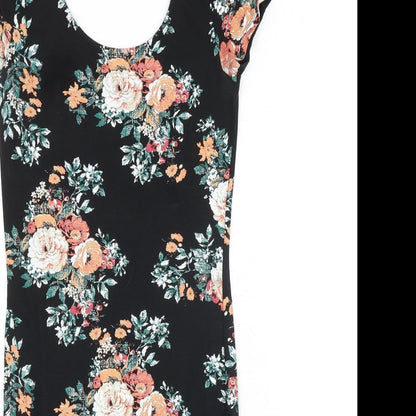 New Look Womens Black Floral Cotton A-Line Size 10 Scoop Neck Pullover